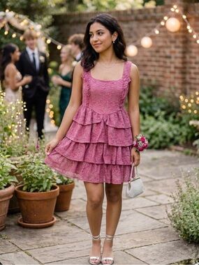 NWT Arula Pink Lace Ruffle Floral Layered Tiered Formal Boho Mini Dress Size 1X